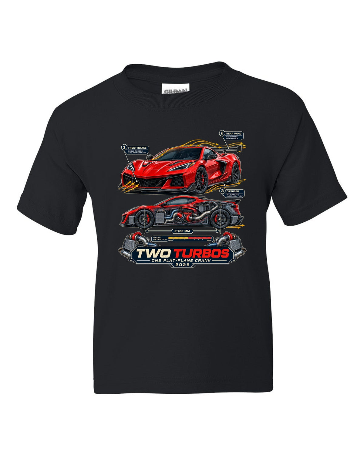 print of a Chevrolet Corvette C8 ZR1 cutaway with callouts for twin turbos and flat-plane crank black kids tee front view with the design