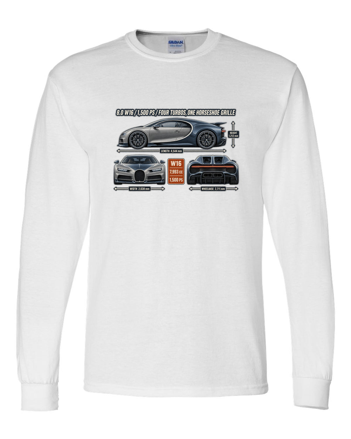 print three-view drawing with spec table of a Bugatti Chiron in slate blue white long sleeve front view with the design
