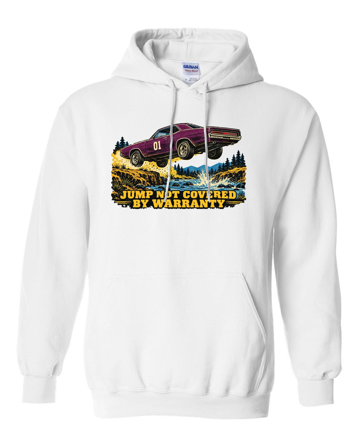 Vintage screen print of an orange 1969 Dodge Charger B-body mid-jump with number 01 on the doors white pull over hoodie front view with the design