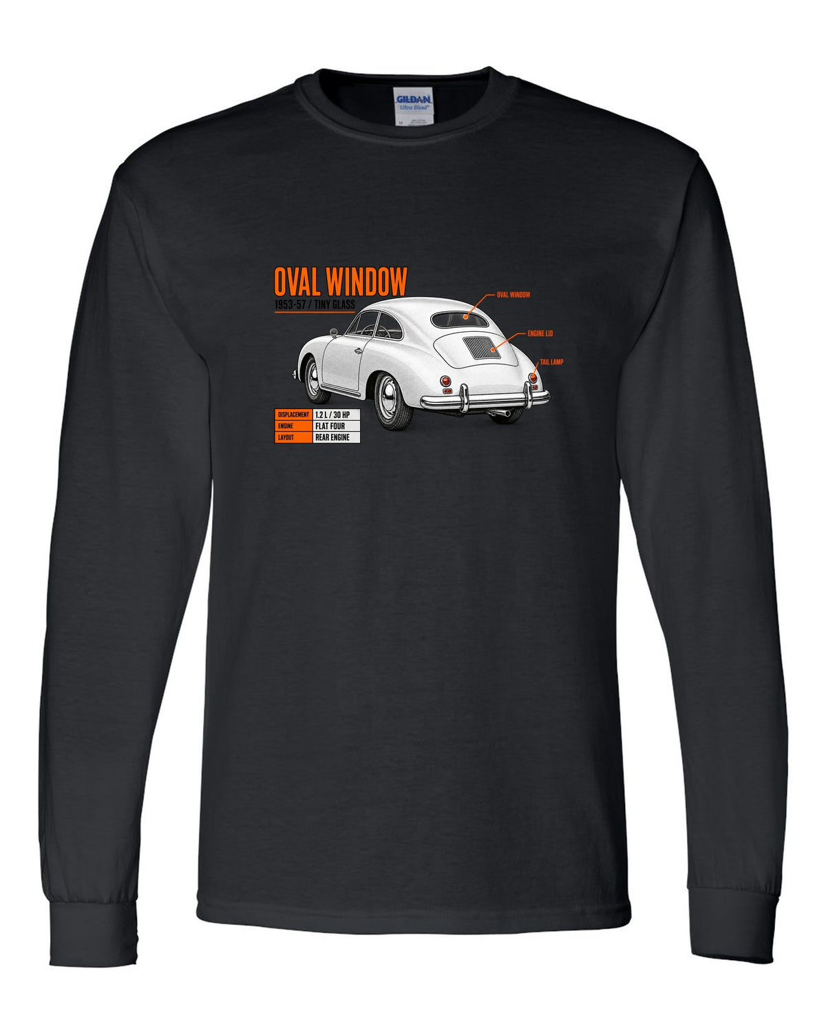 Spec poster print of a VW Beetle oval-window rear three-quarter with 1953-57 text black long sleeve front view with the design