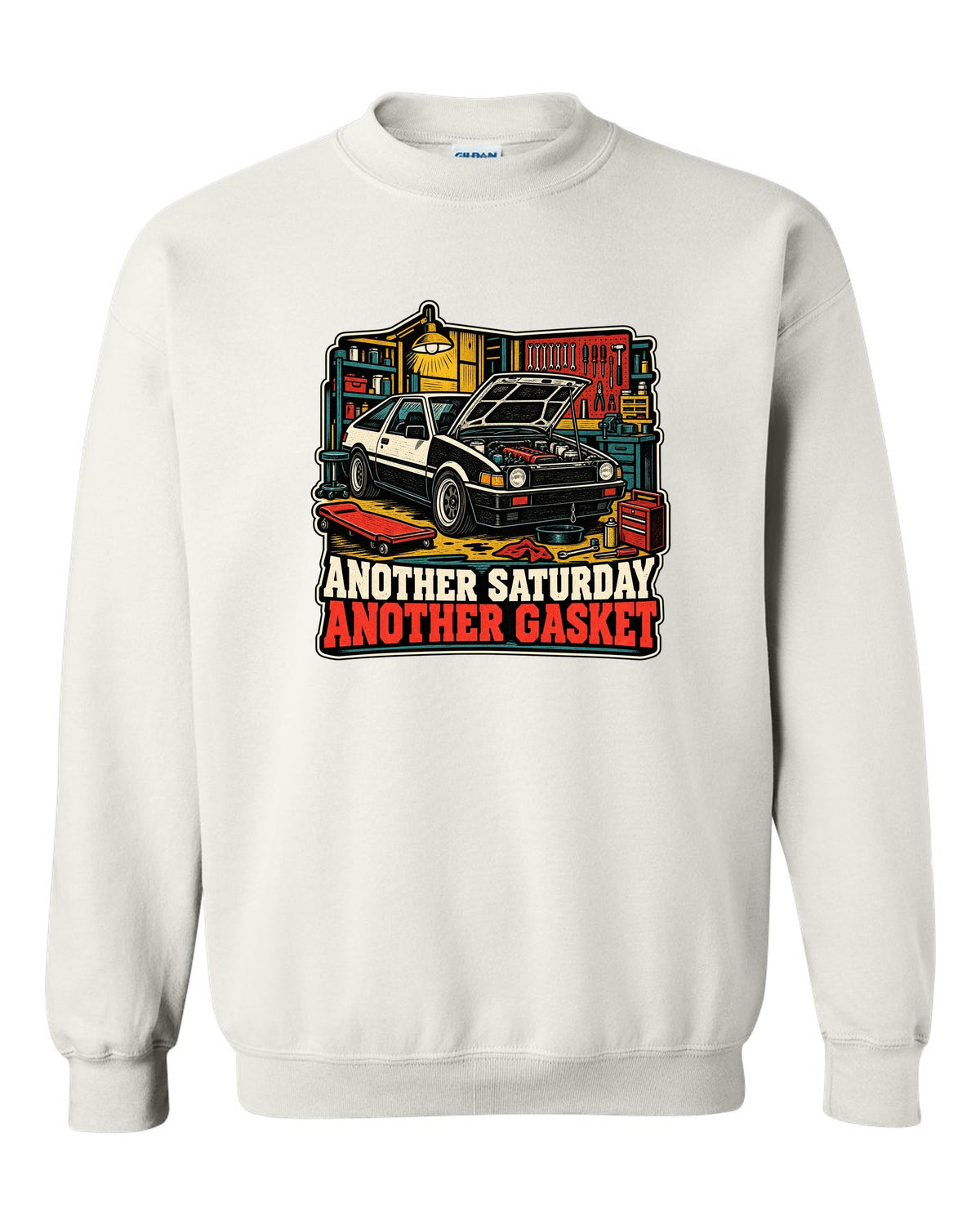 Linocut woodcut-style Toyota Corolla Levin AE86 with garage Saturday slogan white crewneck front view with the design