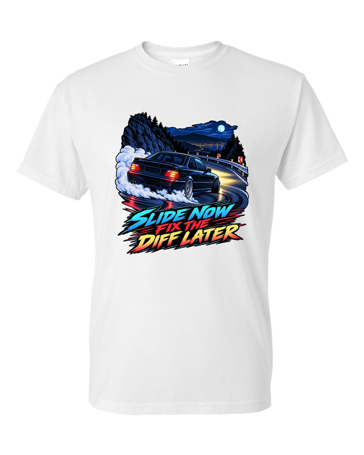 Spec sheet print of a BMW E36 M3 coupe with S50B32 3,201 cc 321 HP text white t-shirt front view with the design