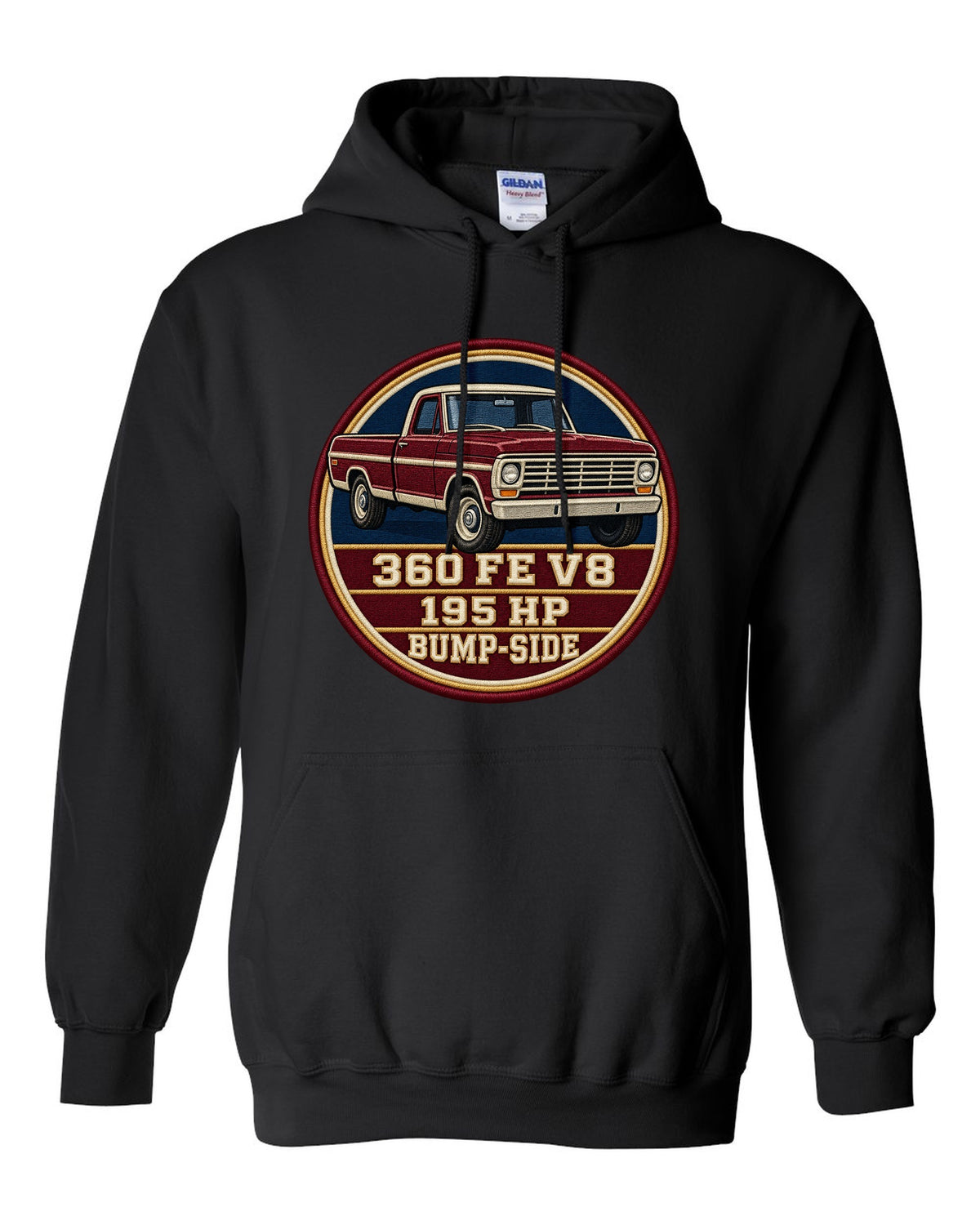 Bump-Side Ford F-Series 1967-72 Crest print Tee black pull over hoodie front view with the design