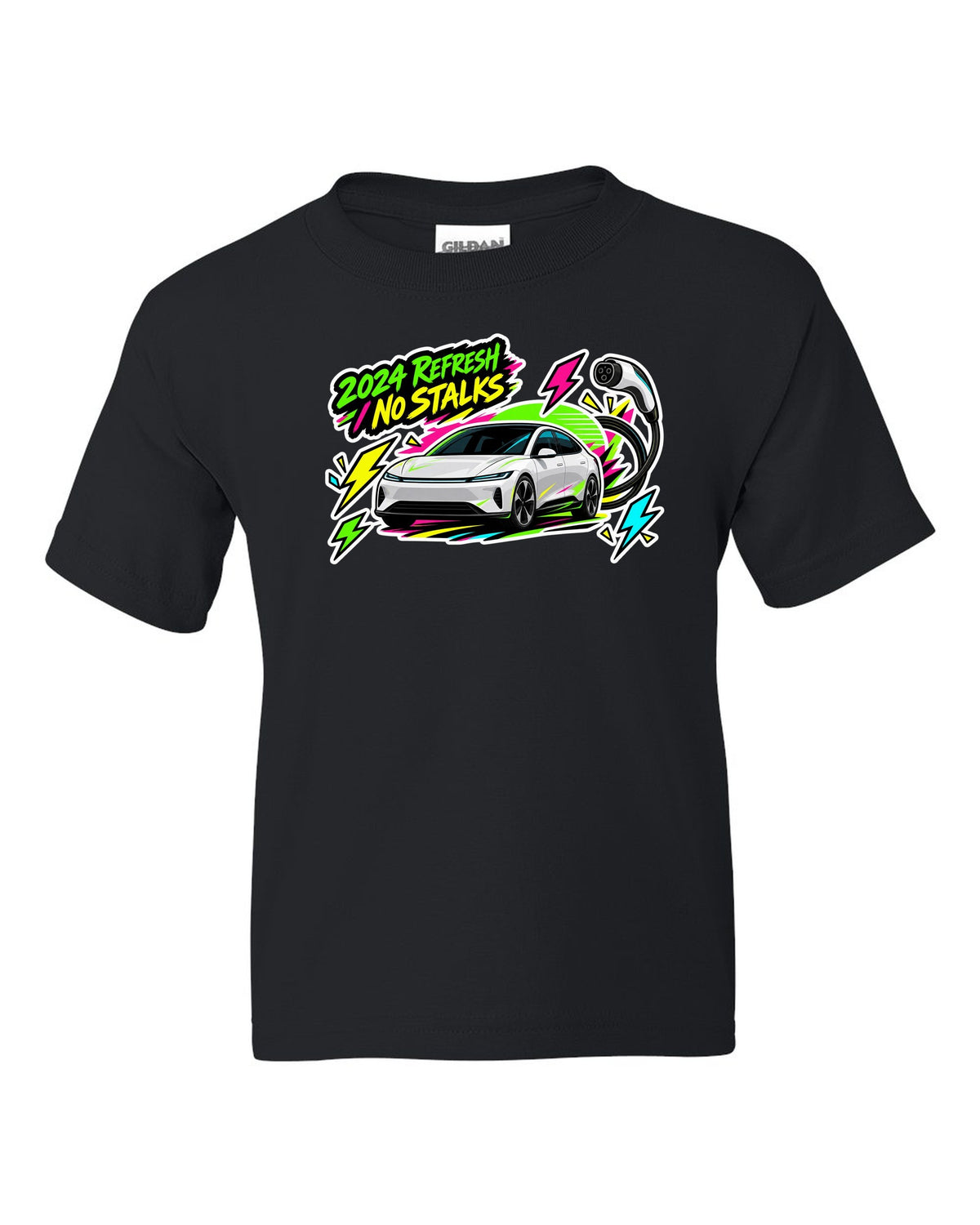 Sticker bomb collage print of a Tesla Model 3 Highland with the text 2024 Refresh No Stalks black kids tee front view with the design