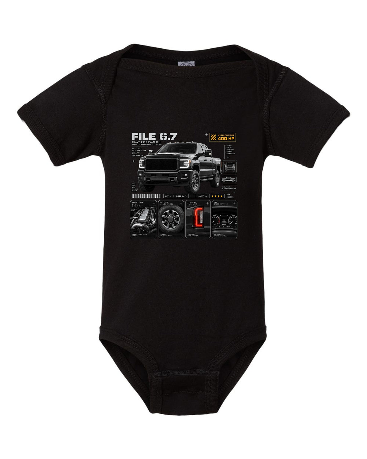 Dossier print of a 2019-24 Ram HD 2500 5th gen in a three-quarter front view black baby onesie front view with the design