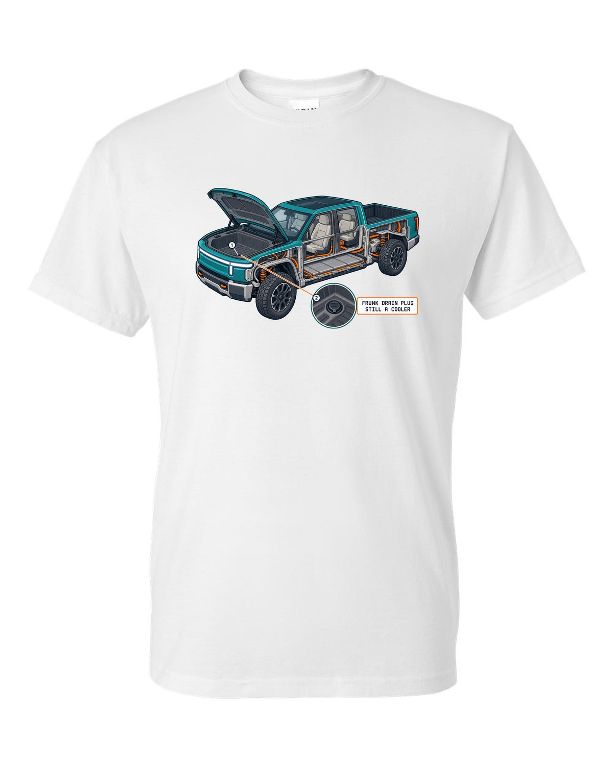 Ford F-150 Lightning isometric cutaway print showing the frunk drain plug white t-shirt front view with the design