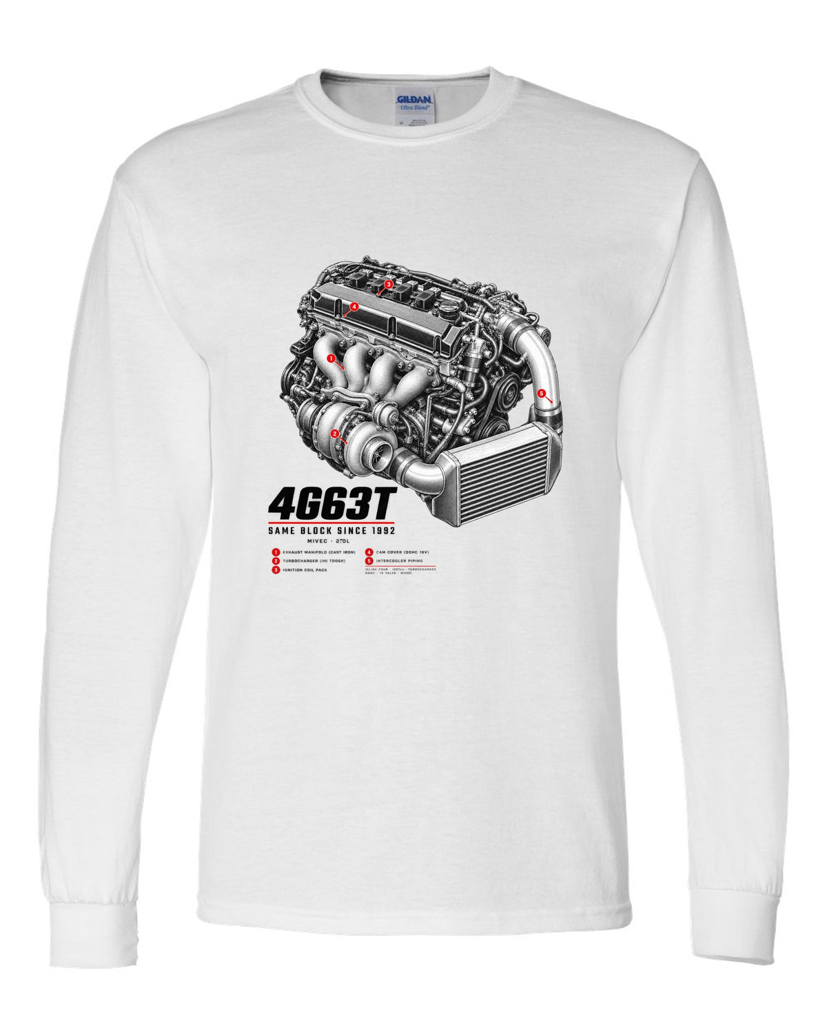 Engine hero print for the Mitsubishi Lancer Evolution IX MR CT9A reading 4G63T, MIVEC, 2.0L, same block since 1992 white long sleeve front view with the design