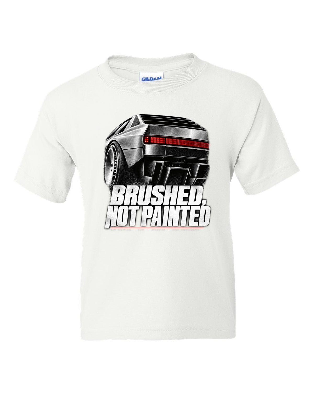 Hyundai N Vision 74 rear three-quarter macro print of pixel taillights white kids tee front view with the design
