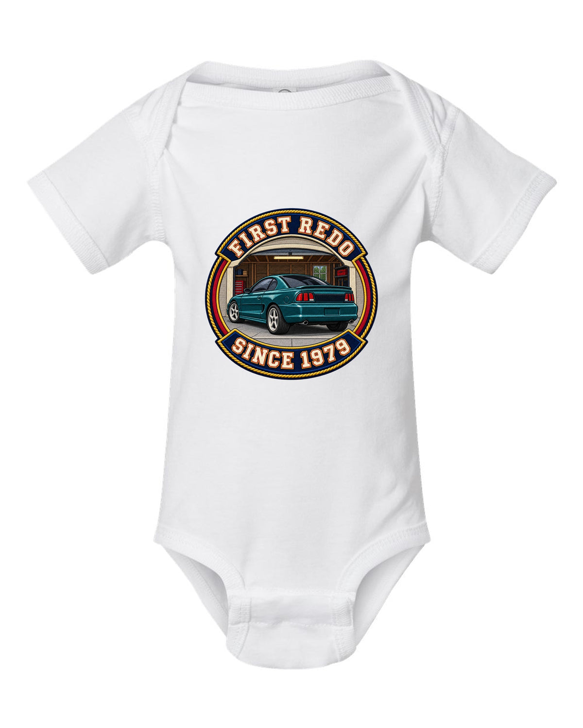 Embroidery-style varsity crest print for a 1994-98 Ford Mustang SN95 white baby onesie front view with the design