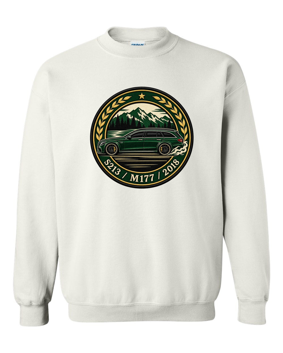 Embroidery-style varsity crest of a Mercedes E63 AMG Wagon S213 with M177 white crewneck front view with the design