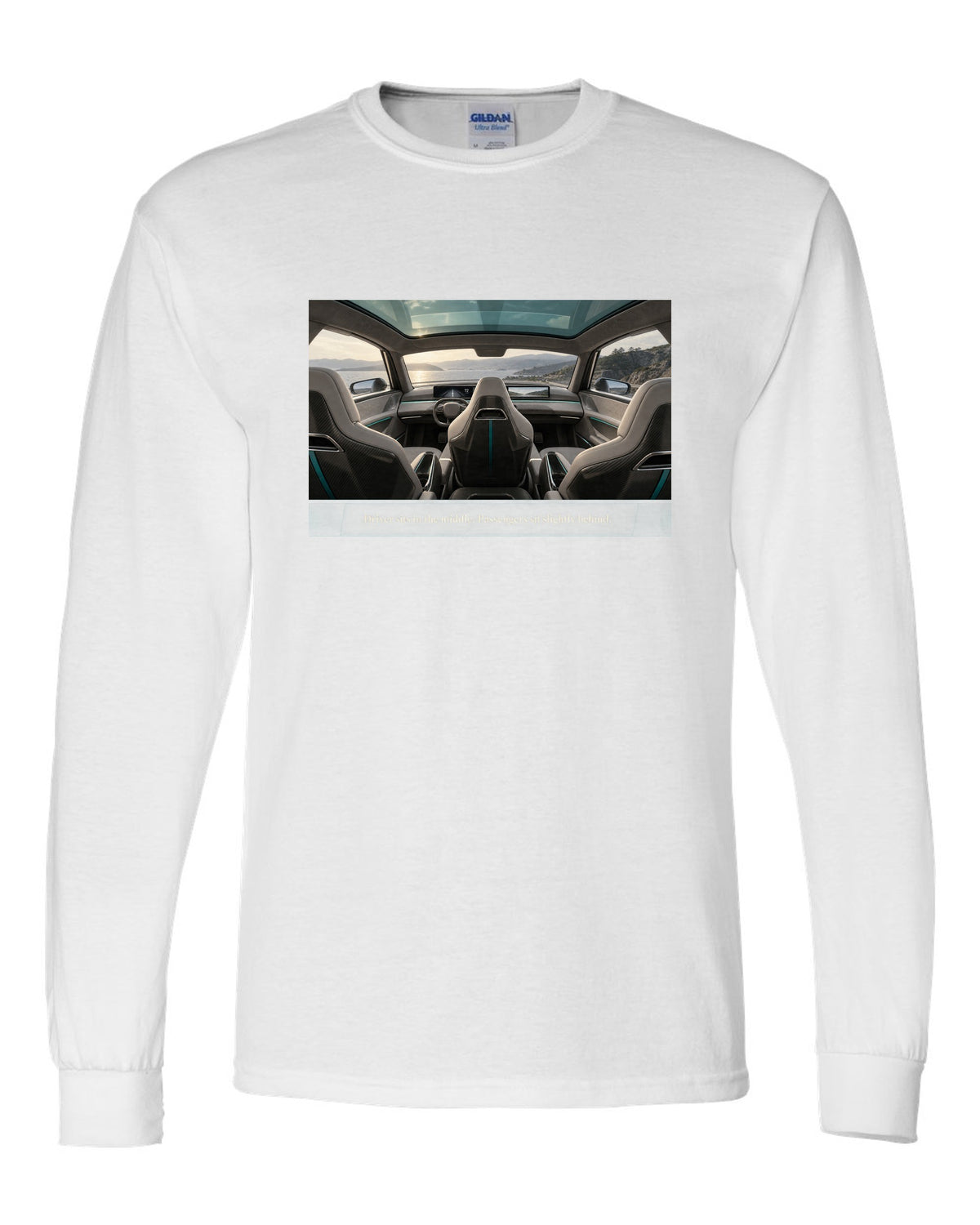 Cockpit print of a McLaren Speedtail interior with a centre driving seat white long sleeve front view with the design