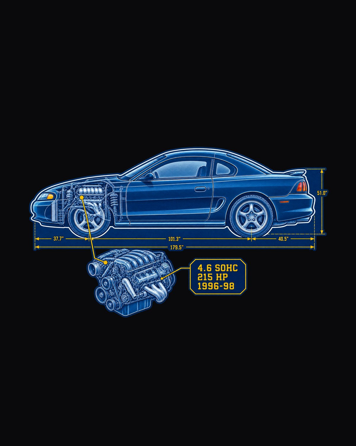 Ford Mustang SN95 Coupe Cyanotype Draft Shirt, 1996-98 4.6 design only