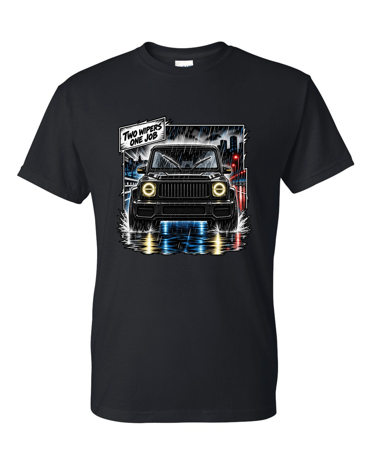 Round enamel-pin style crest graphic reading W463 3 Lockers 4x4 for the Mercedes G-Class, print black t-shirt front view with the design