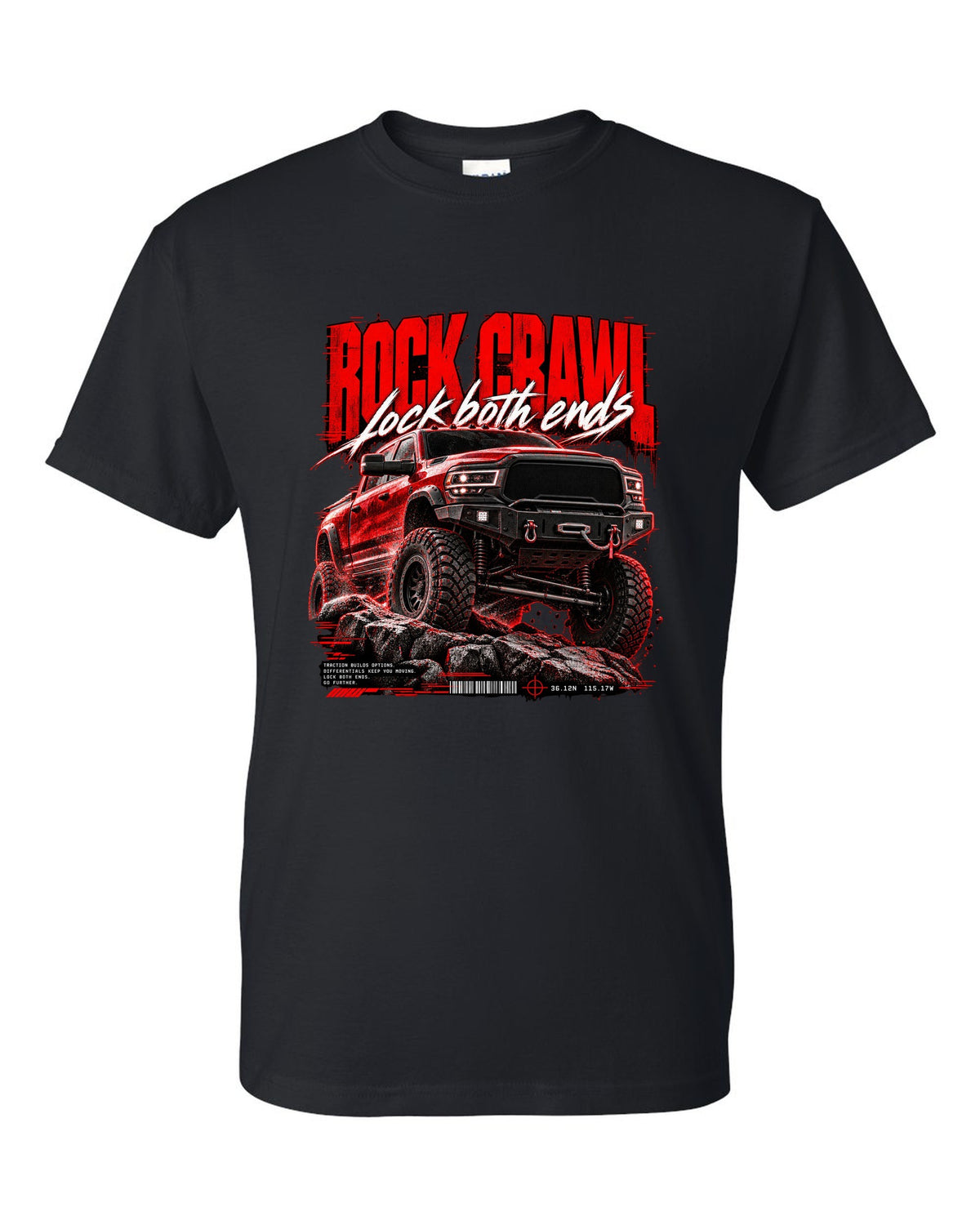 Street poster print of a 2019-2024 Ram 2500 Power Wagon with winch bumper black t-shirt front view with the design