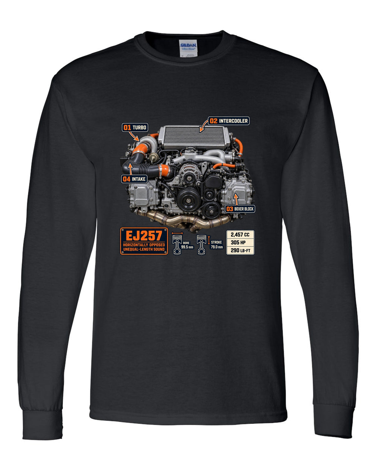 Poster-style print of a Subaru EJ257 boxer engine from the WRX STI VA with technical callouts black long sleeve front view with the design