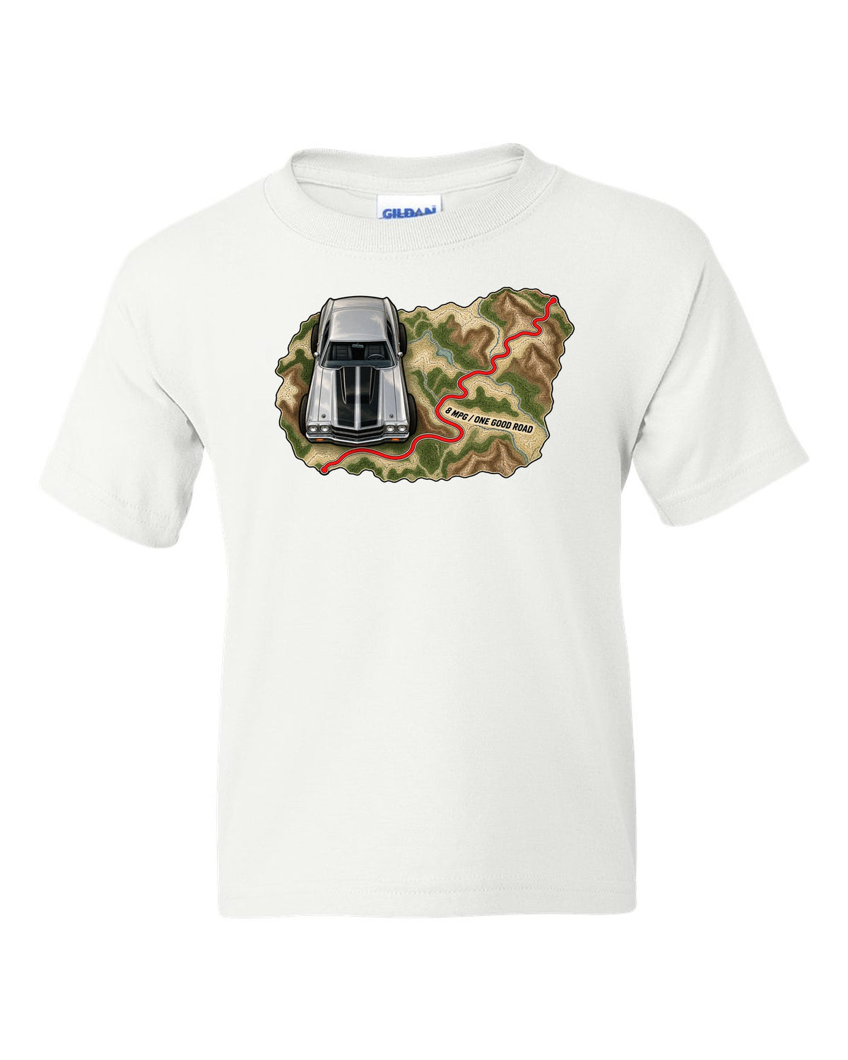 1970 Chevelle SS 454 on a topographic route map with the text 8 MPG One Good Road white kids tee front view with the design