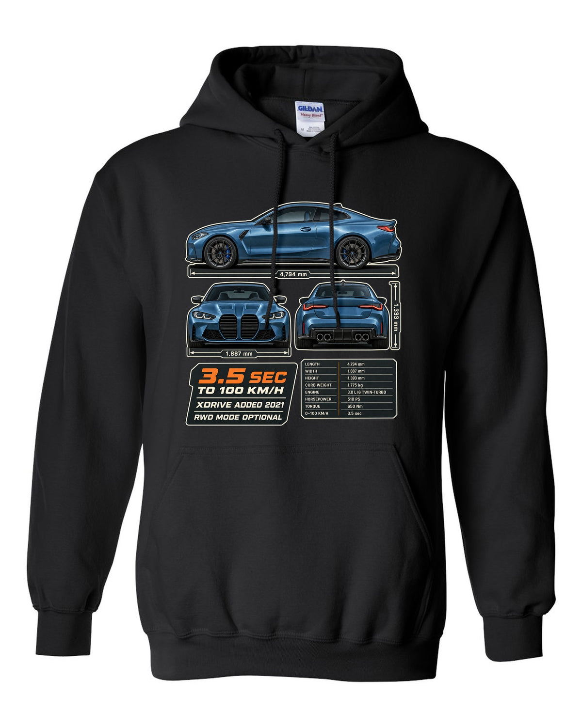 BMW M4 Competition xDrive G82 three-view drawing with spec table print black pull over hoodie front view with the design