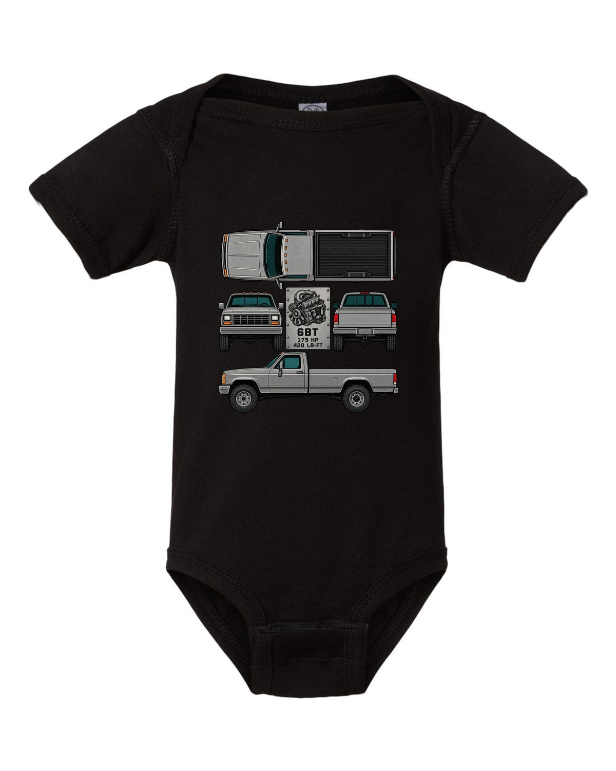 Spec-sheet data plate print of a Dodge Ram D250 6BT Cummins with horsepower and torque black baby onesie front view with the design