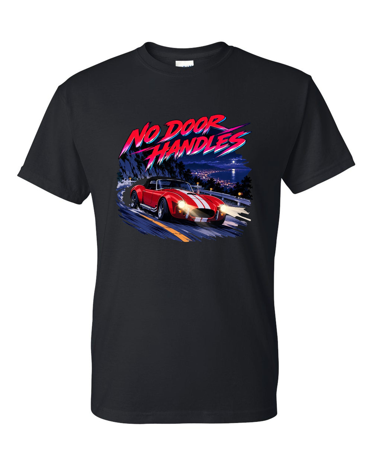 Cel-shaded anime night touge scene with a 1995 Dodge Viper RT/10 SR I and no door handles caption black t-shirt front view with the design