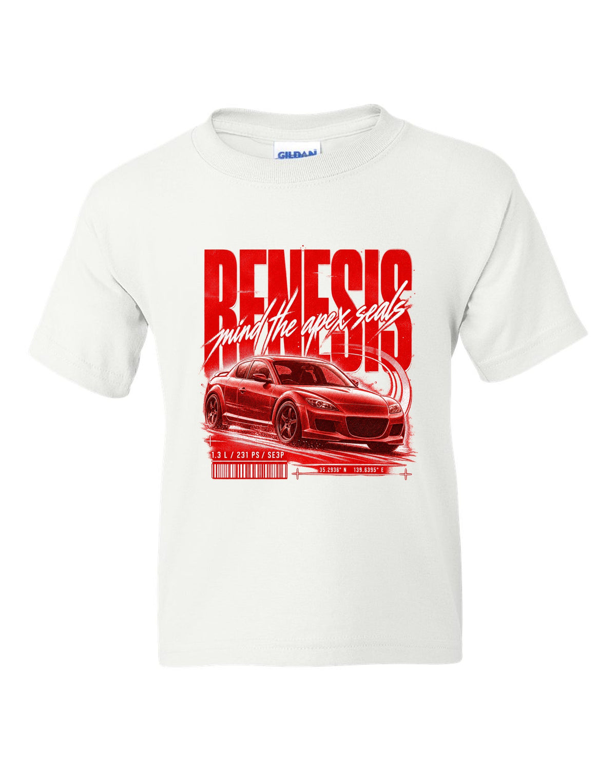 Street poster print of a Mazda RX-8 SE3P Series 1 with Renesis lettering white kids tee front view with the design
