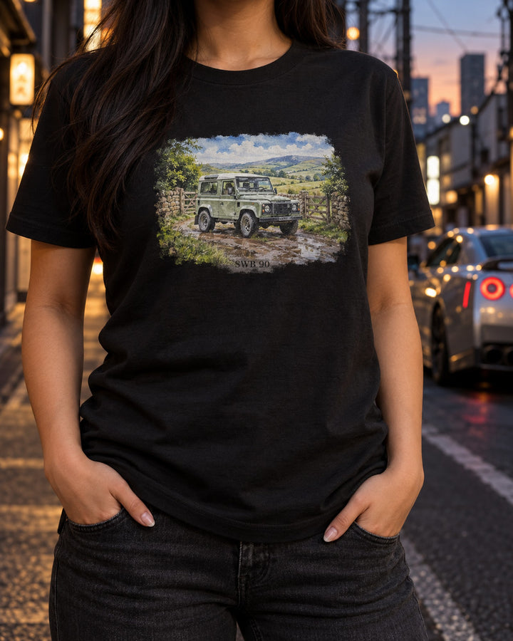 Land Rover Defender 90 Green Lane Watercolour Shirt T-Shirt Black worn hero