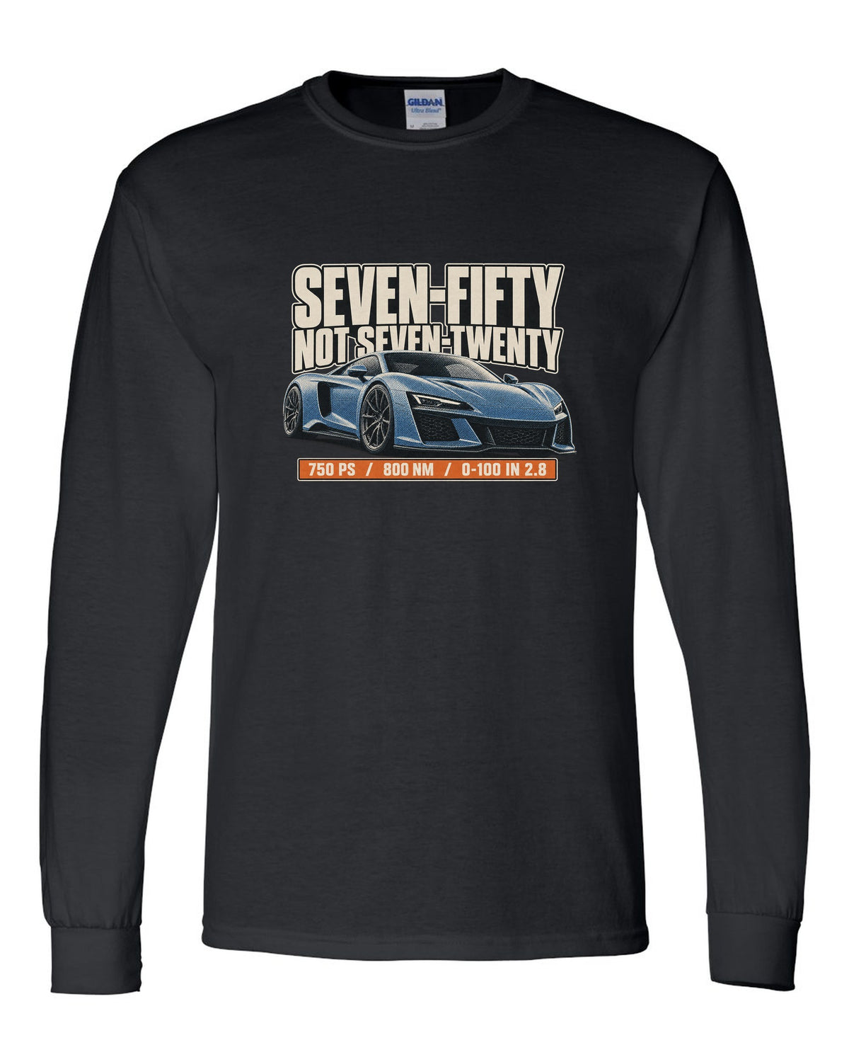 Halftone print of a McLaren 750S with the text seven-fifty not seven-twenty black long sleeve front view with the design