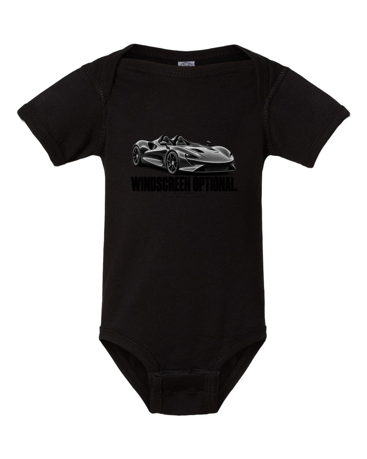 Halftone print of a 2020 McLaren Elva with windscreen optional text and 804 PS black baby onesie front view with the design