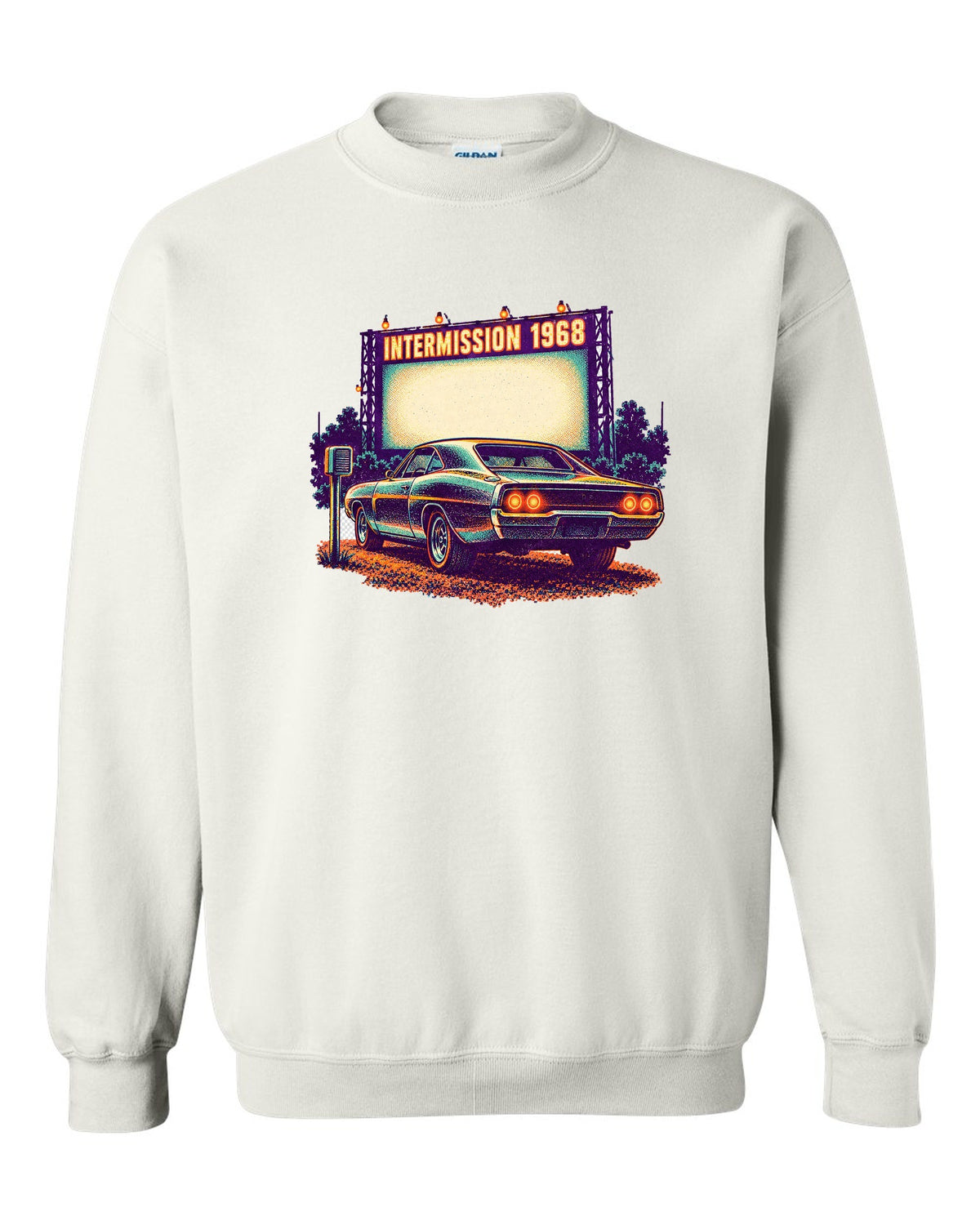 Risograph spot colour drive-in scene with a 1968 Dodge Charger R/T and INTERMISSION text white crewneck front view with the design