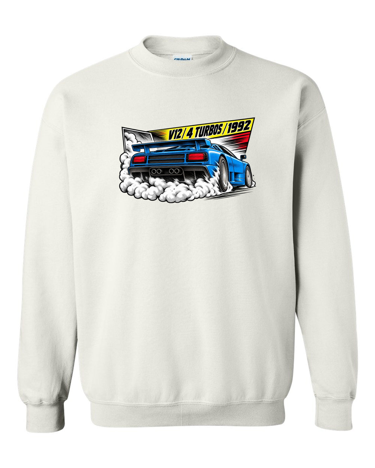 Retro manga halftone panel of a Bugatti EB110 SS burnout with V12 4 TURBOS 1992 lettering white crewneck front view with the design