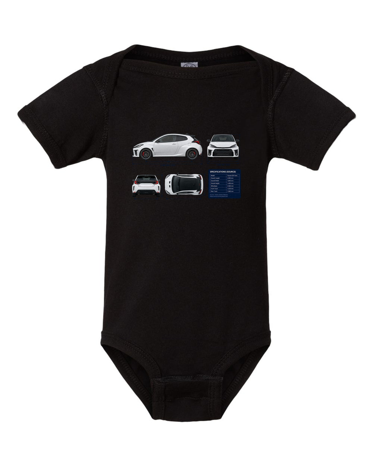 Toyota GR Corolla Morizo Edition Blueprint black baby onesie front view with the design
