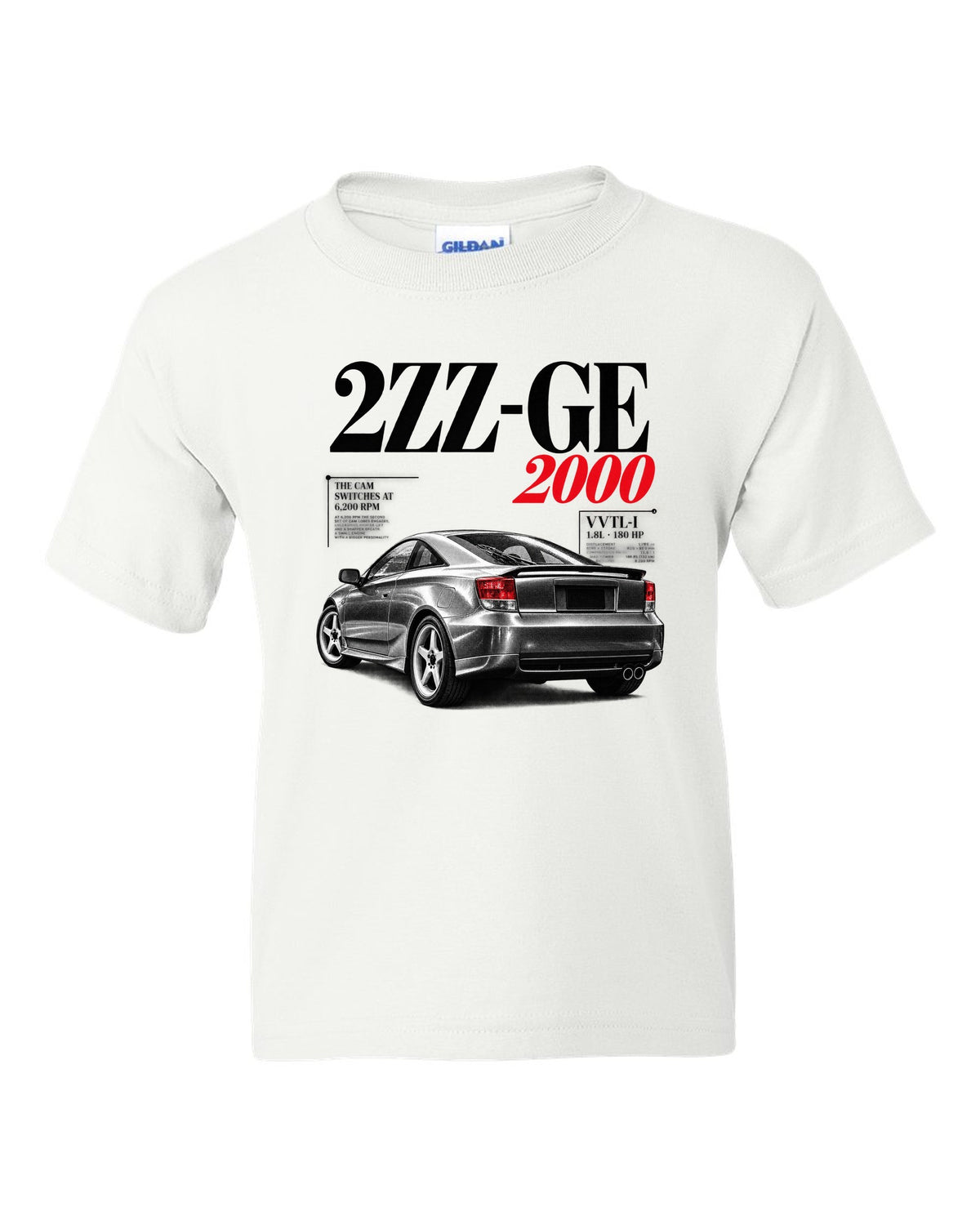 Editorial headline print of a Toyota Celica ZZT231 with 2ZZ-GE cam switches at 6,200 rpm white kids tee front view with the design