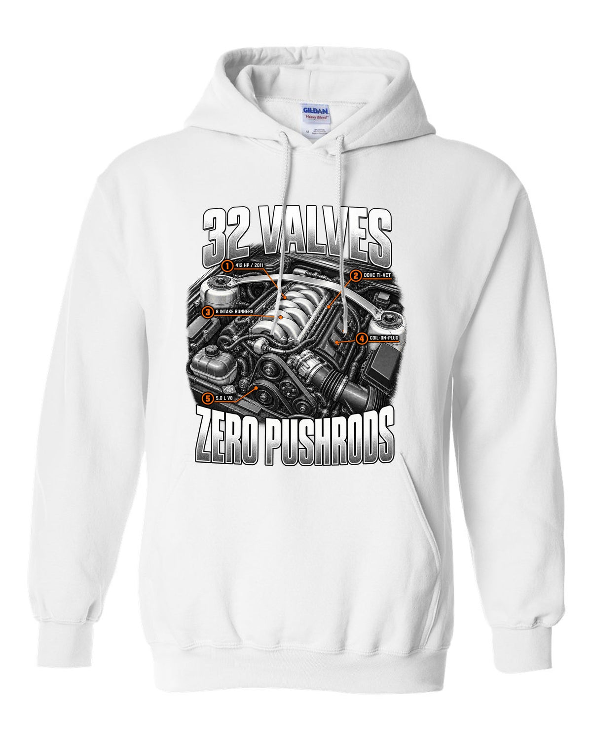 Engine hero print of a Ford Mustang S197 GT 5.0 Coyote engine, 2011-14 white pull over hoodie front view with the design