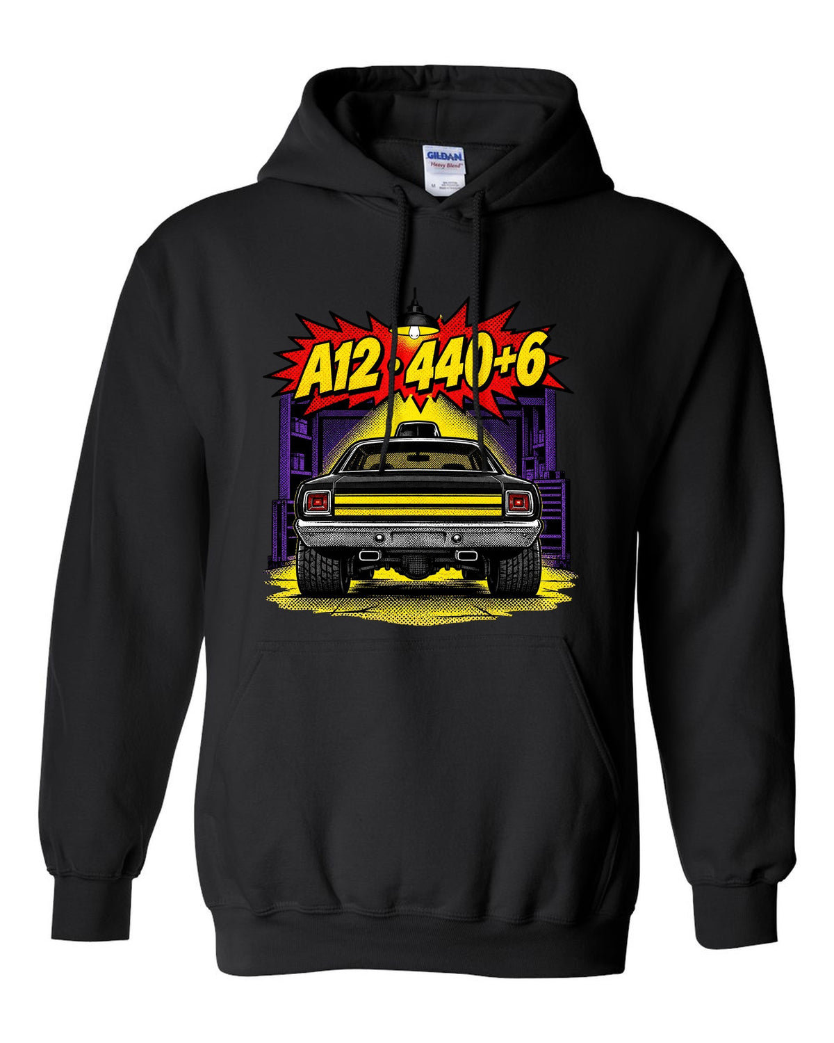 1969 Dodge Coronet Super Bee A12 comic halftone pop-art print with A12 440+6 text black pull over hoodie front view with the design