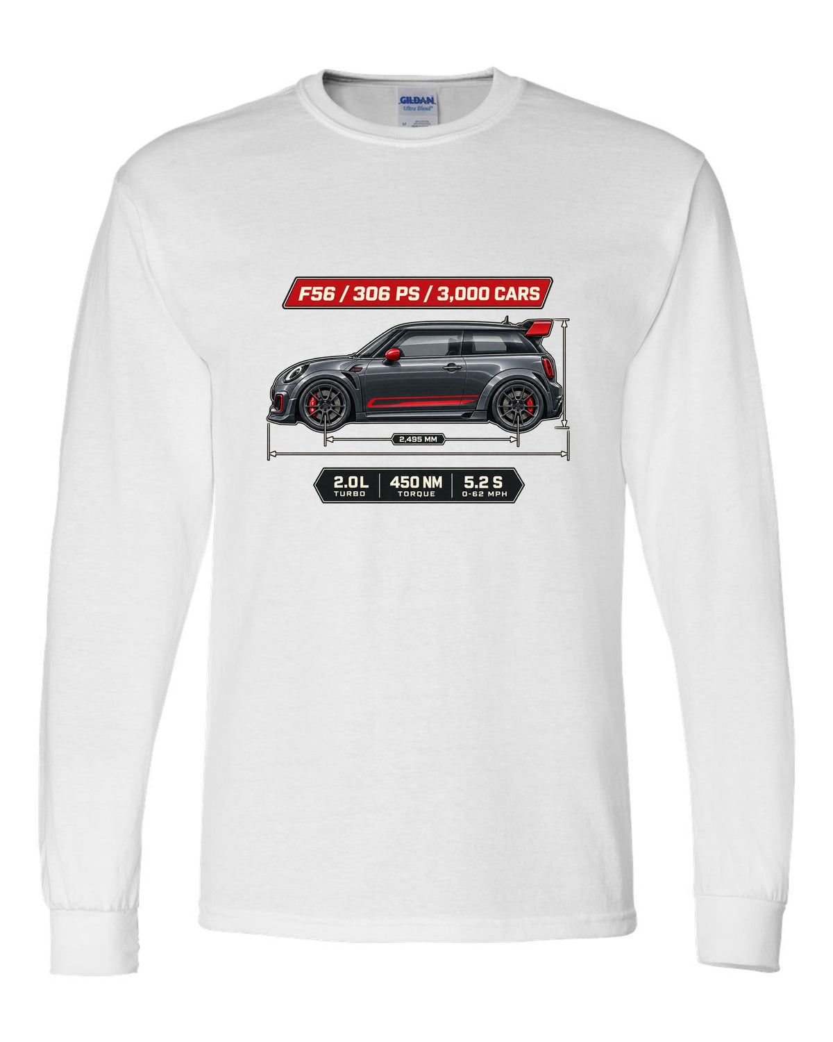 Dimension blueprint print of the Mini JCW GP F56 2020 with 306 PS and 3,000 cars text white long sleeve front view with the design