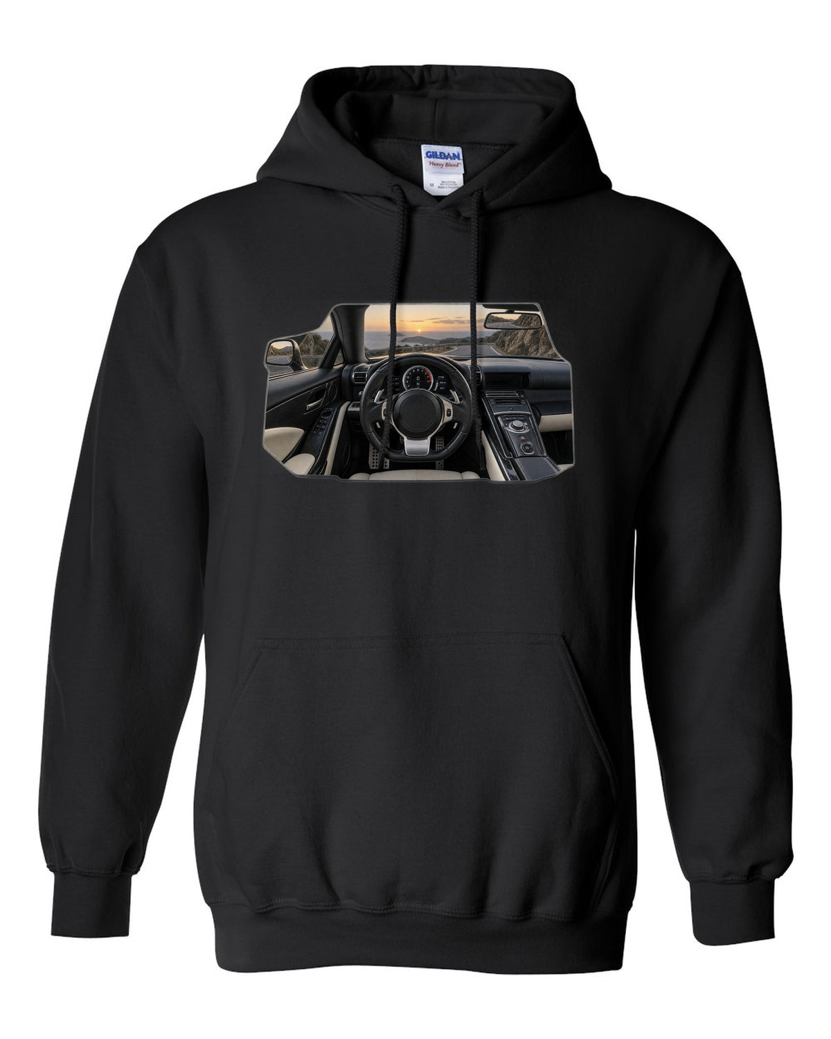 Three-view drawing and spec table of the Lexus LFA Nurburgring Package black pull over hoodie front view with the design