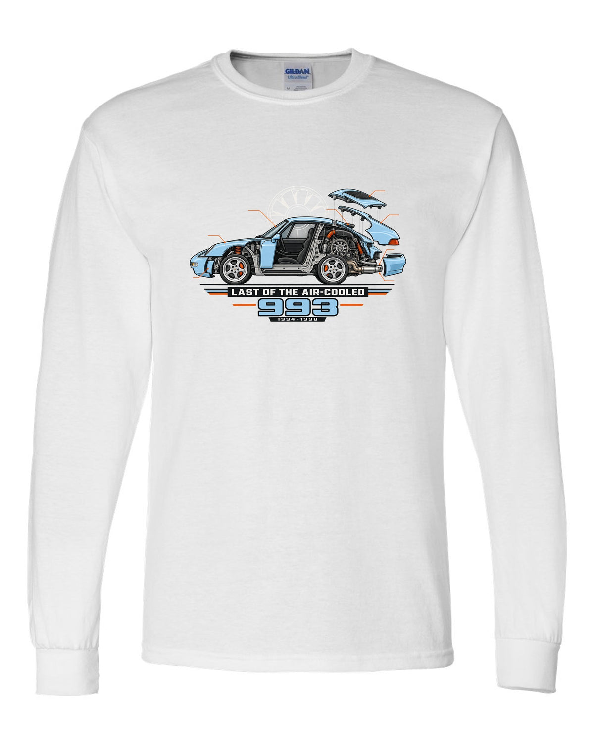 Architectural cutaway drawing of a Porsche 911 993 on a shirt back white long sleeve front view with the design
