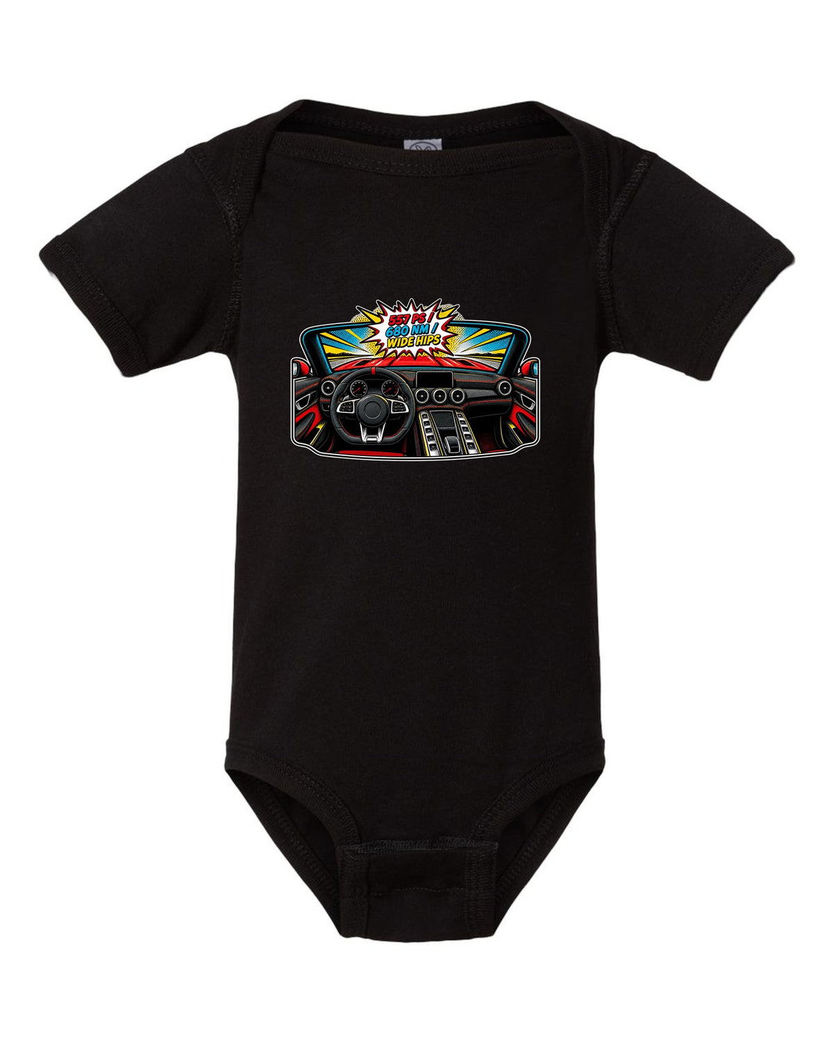 Isometric topographic route map of the Nordschleife with Flugplatz and Schwedenkreuz text for a Mercedes AMG GT C190 black baby onesie front view with the design