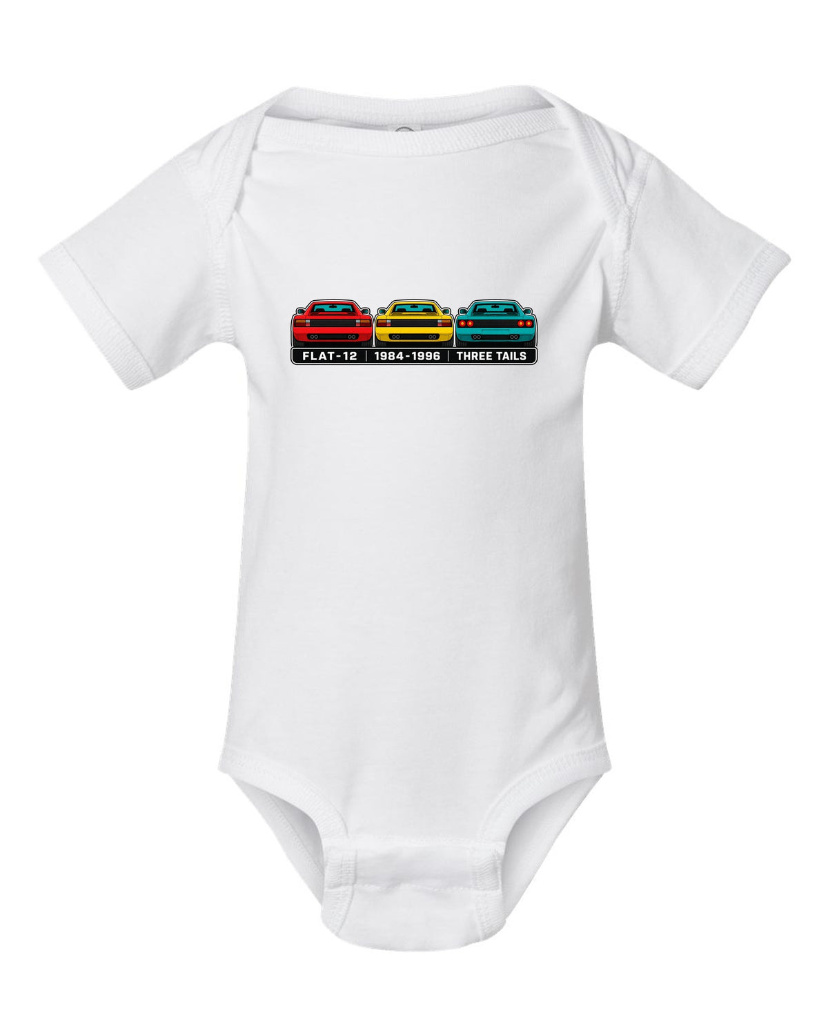 Flat colour infographic of Ferrari Testarossa, 512 TR and F512 M tail ends white baby onesie front view with the design