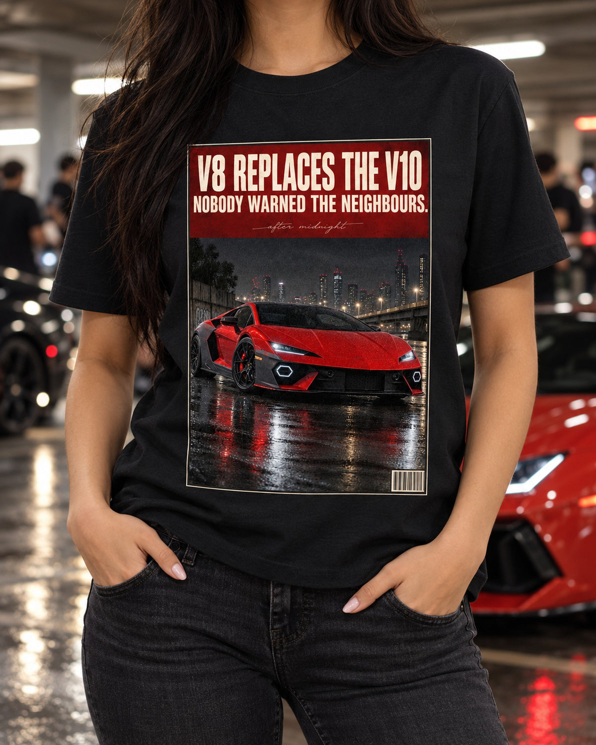 Lamborghini Temerario Night Street Tee, V8 Replaces V10 T-Shirt Black worn hero