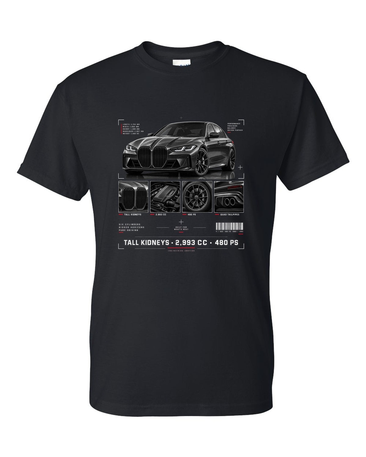 BMW G80 M3 dossier panel print with tall kidneys 2,993 cc and 480 PS black t-shirt front view with the design