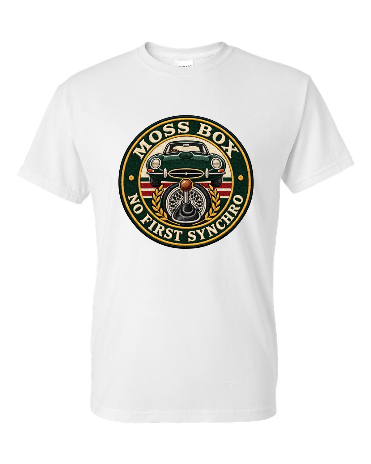 Varsity embroidery-style print for the 1961 Jaguar E-Type Series 1 with Moss box lettering white t-shirt front view with the design