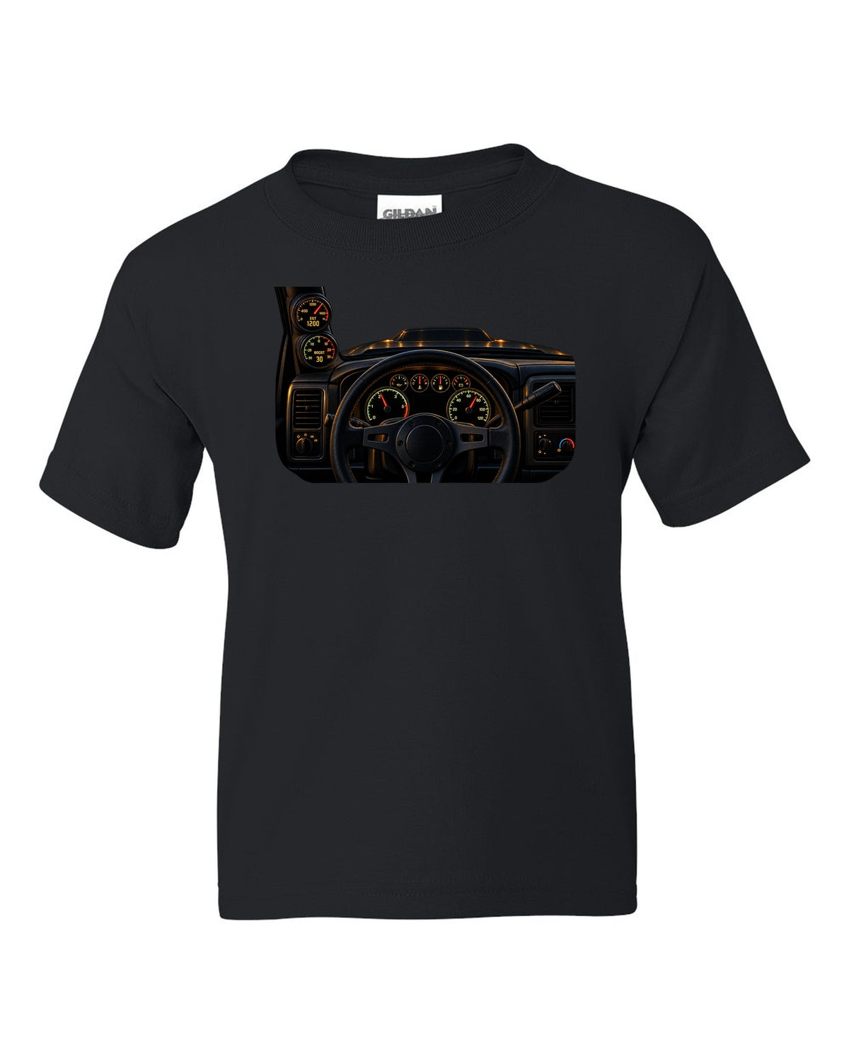 Dyno chart gauge cluster print showing EGT and boost for a Dodge Ram 2500 Cummins black kids tee front view with the design