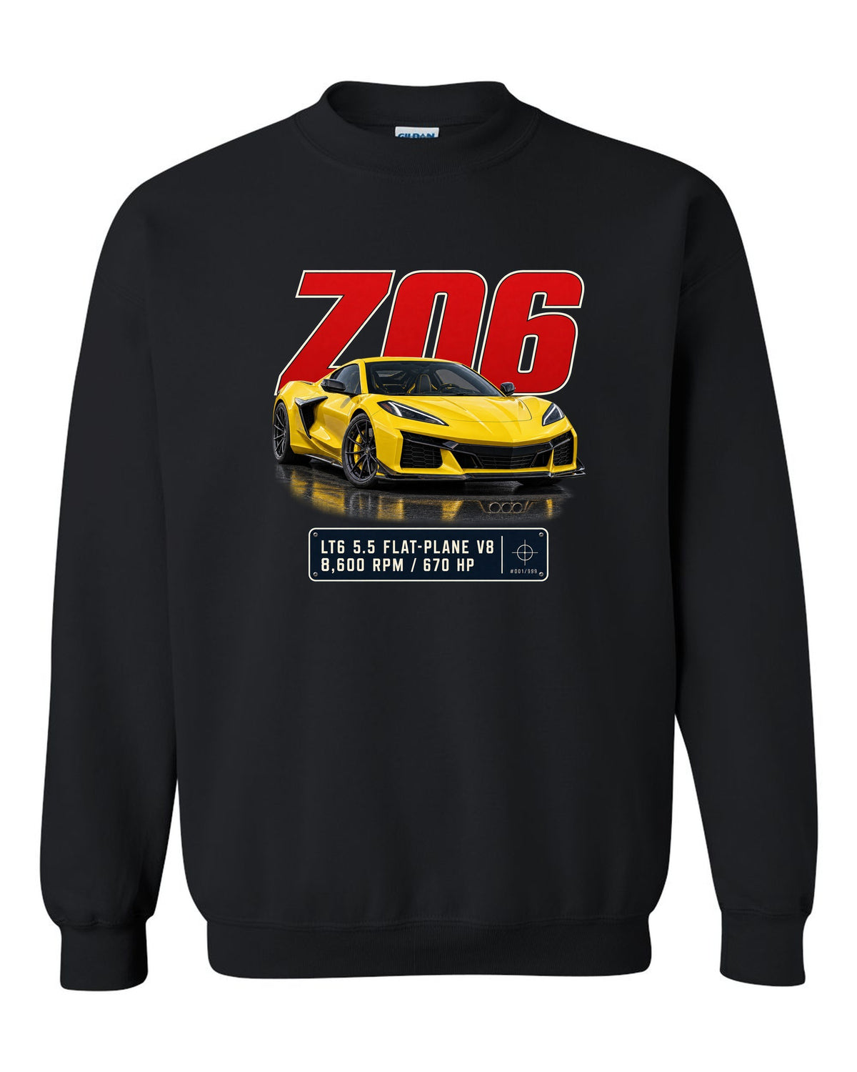 Editorial headline print of a yellow Chevrolet Corvette C8 Z06 black crewneck front view with the design