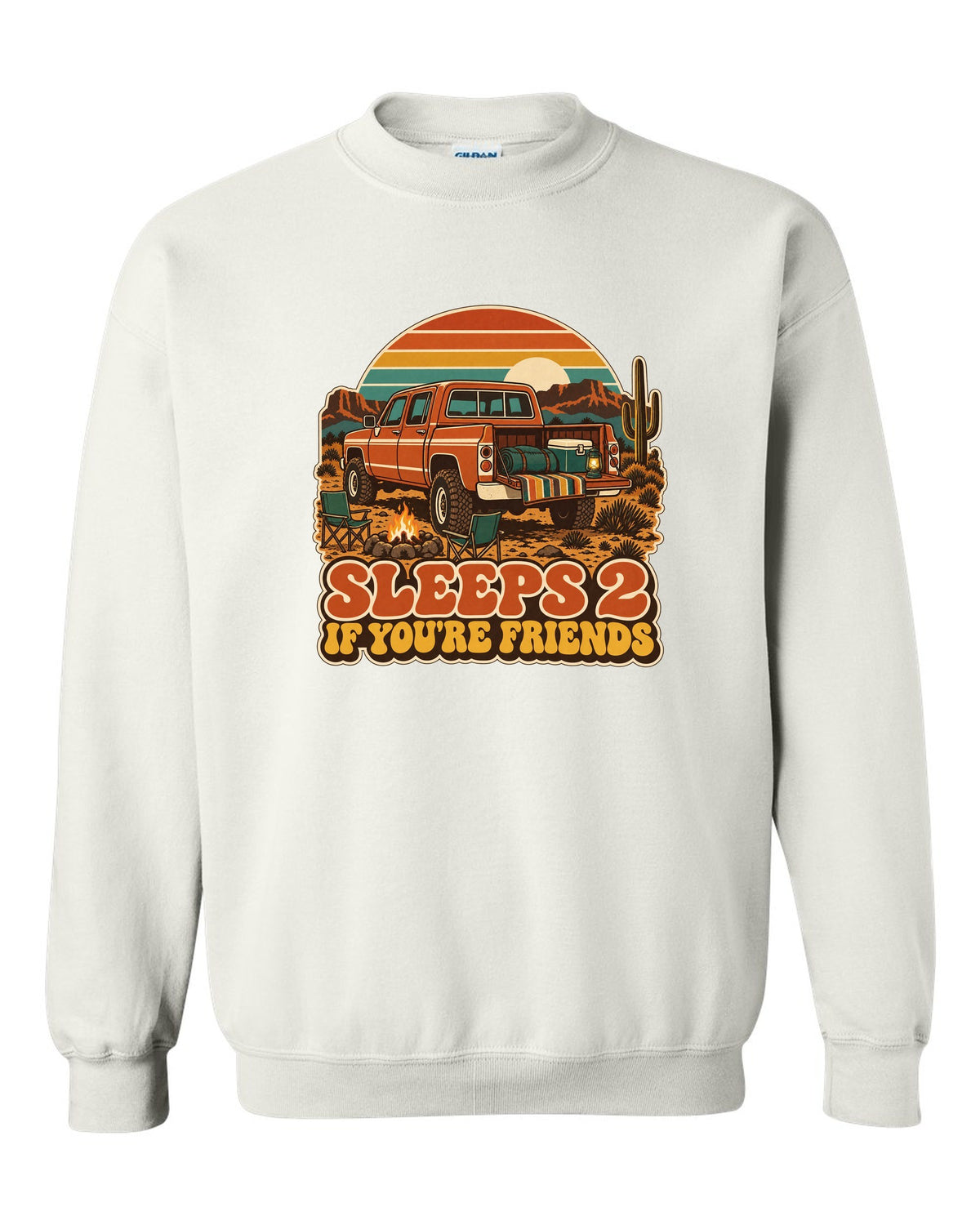 Jeep Gladiator JT retro 70s outdoors poster with sunset stripes and sleeps 2 text white crewneck front view with the design