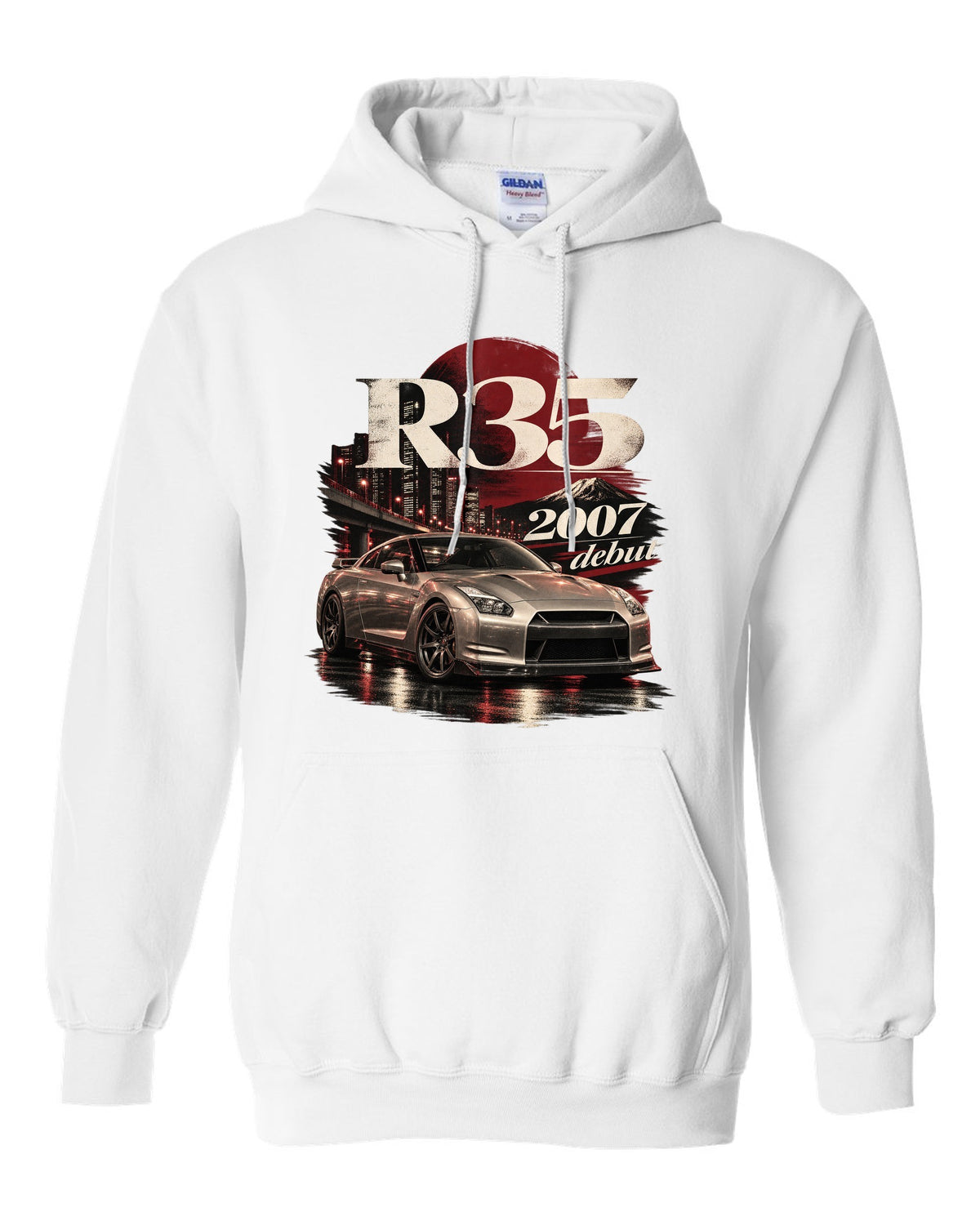 Nissan GT-R R35 2007 debut shape in warm silver on an archive panel white pull over hoodie front view with the design