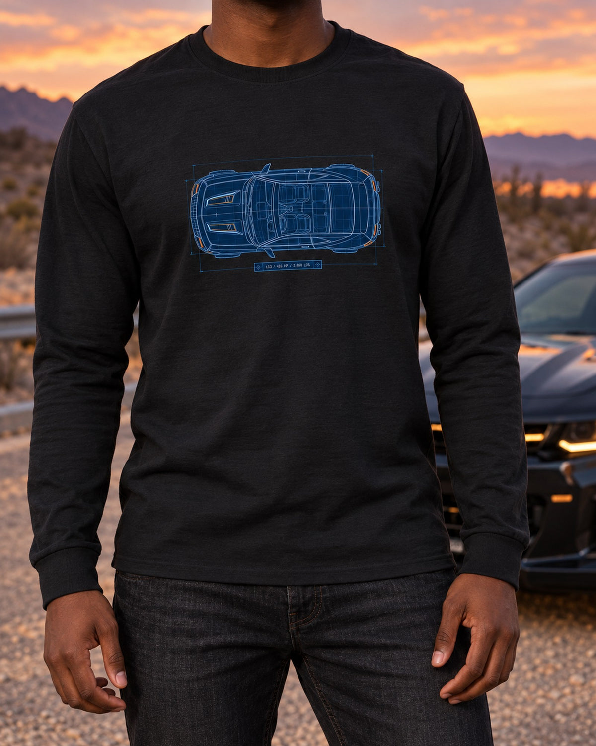 2010 Camaro SS Zeta Blueprint Top View Shirt, LS3 Car Tee Long Sleeve Black worn hero