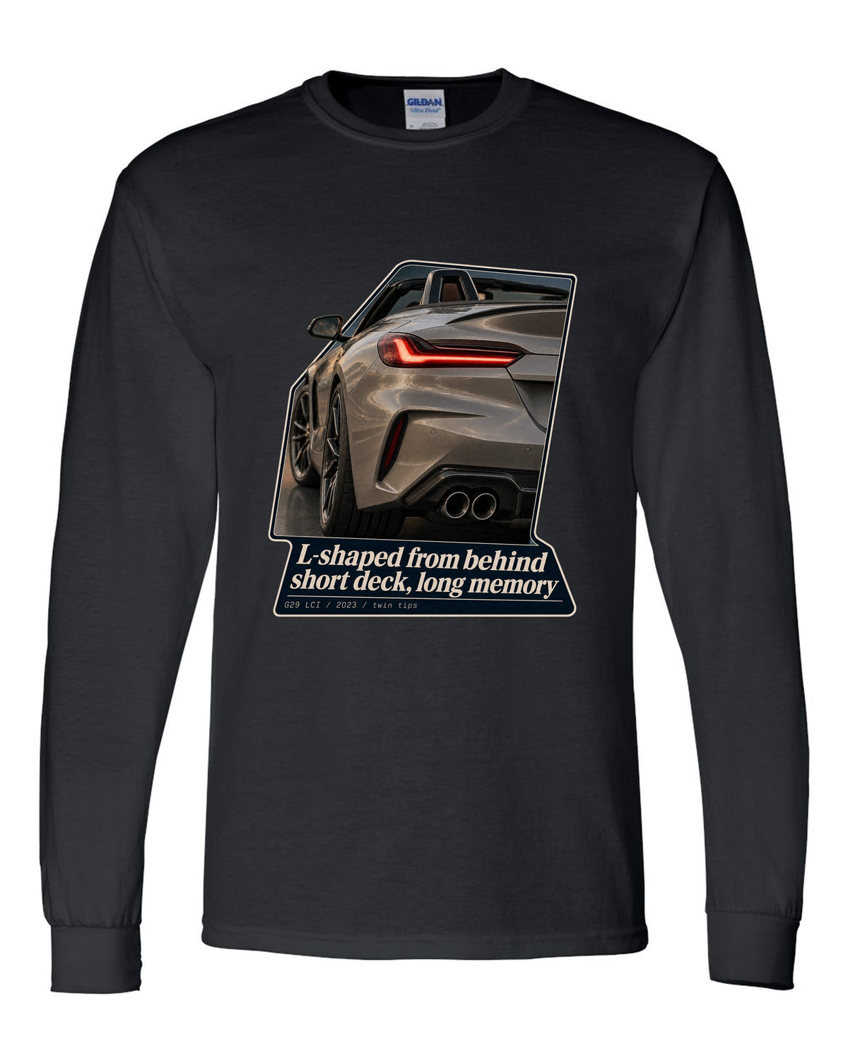 Macro print of the L-shaped taillight on a 2023 BMW Z4 G29 LCI black long sleeve front view with the design