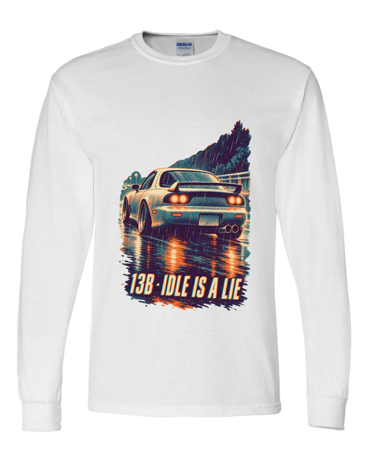 Three-colour risograph print for the Mazda RX-7 FD3S with 13B idle is a lie lettering white long sleeve front view with the design