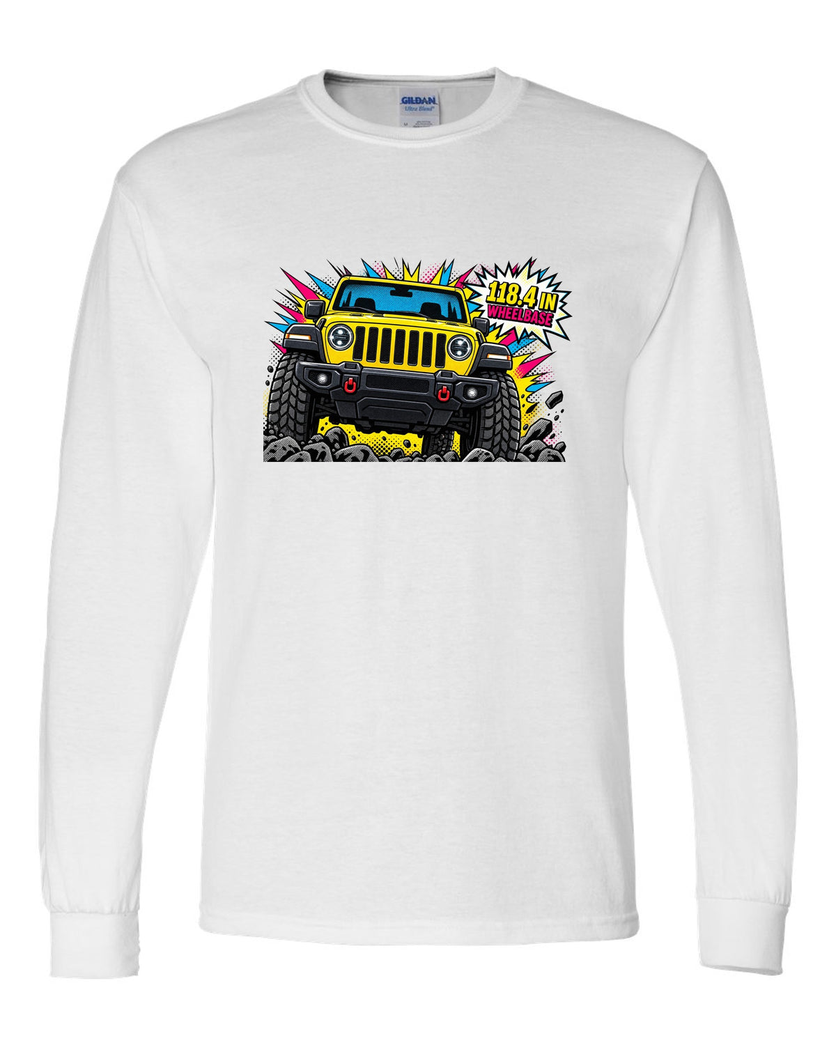 Jeep Wrangler JLU grille and headlight comic halftone pop art with 118.4 in wheelbase text white long sleeve front view with the design