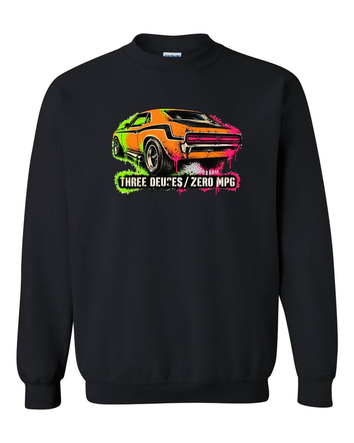 1970 Dodge Challenger T/A gas-station stencil spray paint print with Three Deuces Zero MPG text black crewneck front view with the design